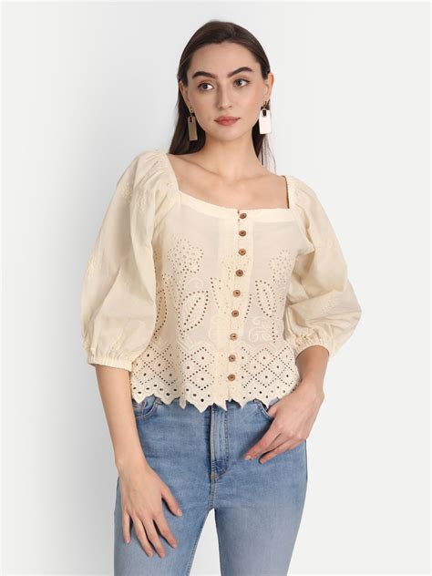 Schiffli Self Design Square Neck Cotton Top – Jilmil