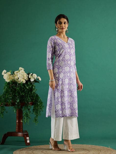 Lavender Flower Printed Cotton Kurta Set – Sanskruti Homes
