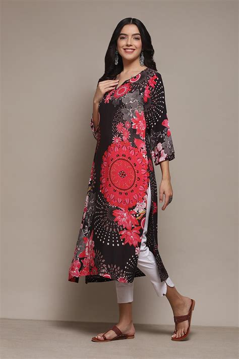 Black LIVA Straight Printed Kurta at Biba India