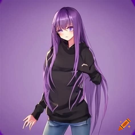 Purple-haired anime girl with a black hoodie and blue jeans on Craiyon