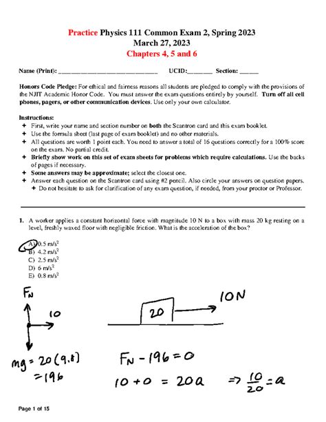 Practice Exam, Physics 111, Common Exam 2, Spring 2023 Solutions ...