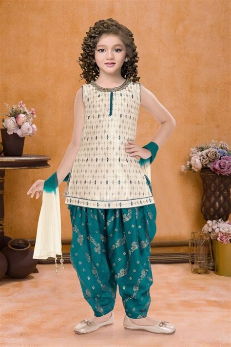 Cream and Firozi Patiala Set With Embroidered Kurti And Dupatta For Gi ...