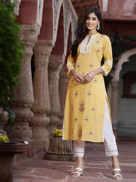 Yellow Cambric Embroidered Straight Kurta – Trendphoria