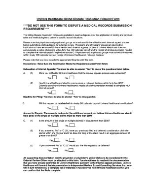Fillable Online Univera Healthcare, Billing Dispute Resolution Request ...
