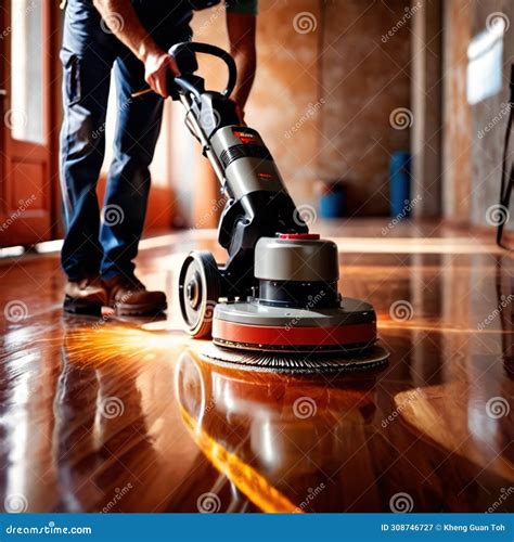 Worker Polishing Floor With Polishing Machine, Maintenance Janitorial ...