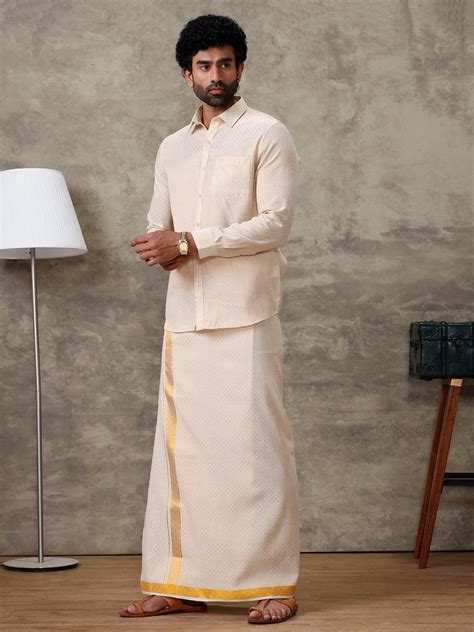 Men Gold Tissue Jacquard Full Sleeves Shirt with Matching Dhoti Set GD13