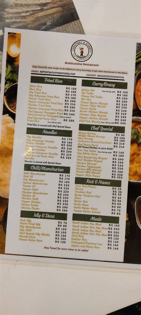 Menu at Chutney & Curry, Chennai