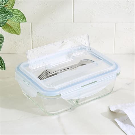Buy Korobka Astero Borosilicate Glass Divider Lunch Box with Cutlery ...