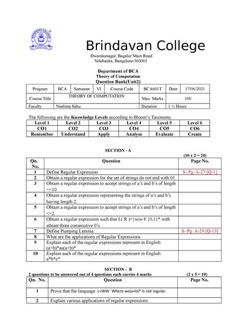 Tocquestionbank-2 - Theror of computation Question Bank. - Brindavan ...