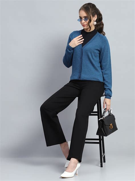 Buy Women Blue Solid V Neck Full Sleeve Cardigan Online in India ...