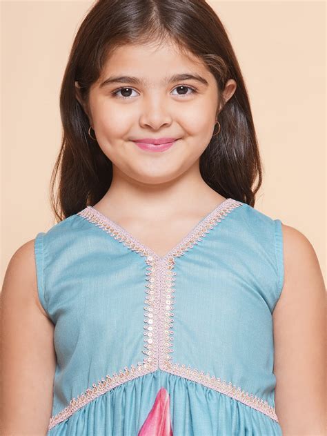 Bitiya by Bhama Girls Turquoise Blue Printed Alia Design Kurta & Shara