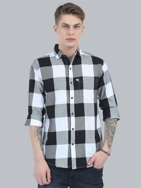Buy Tomlight Cotton Black and White Plaid Shirt for Men