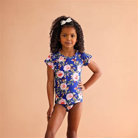Blue and Peach Roses Swimsuit - Rash Guard Swim Suit - Shirt Swim Suit ...