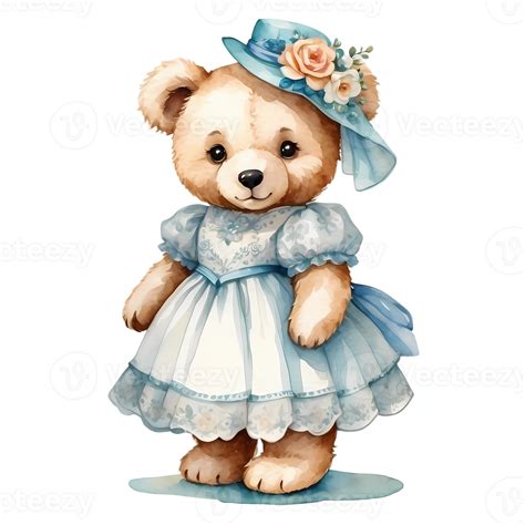 Watercolor Teddy Bear in blue dress. 51494579 PNG
