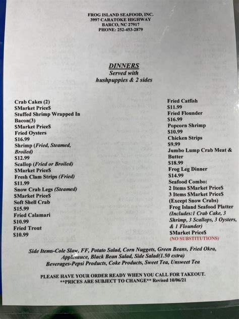 Menu at Frog Island Seafood Inc restaurant, Barco