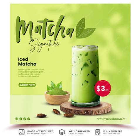 Iced matcha drink menu promotion social media post template | Premium PSD