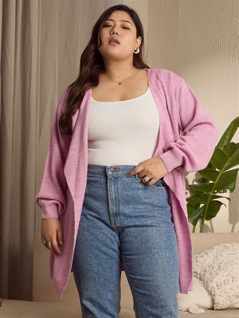 Women Solid Purple Open-Front Acrylic Straight Hem Knitted Longline ...