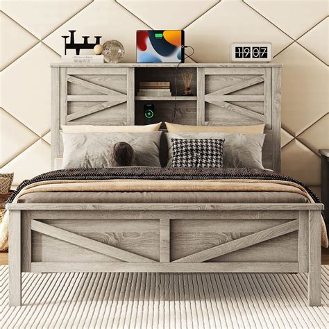 Gracie Oaks Rustic Platform Bed With Double Sliding Barn Door, Charging ...