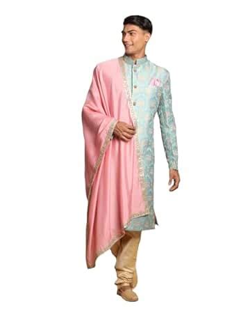 Buy VASTRAMAY Men's Aqua, Pink And Gold Silk Blend Sherwani Set - A Set ...