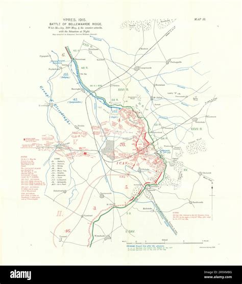 Battle of Bellewaarde Ridge, 24th May 1915 night. Ypres. WW1. 1928 old map Stock Photo - Alamy