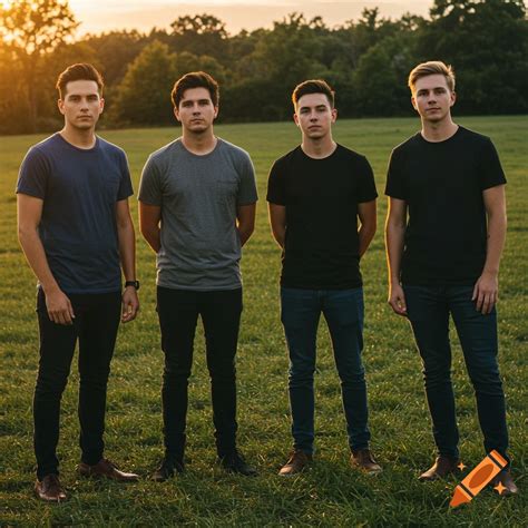 Handsome models posing for Christian light rock band photo on Craiyon