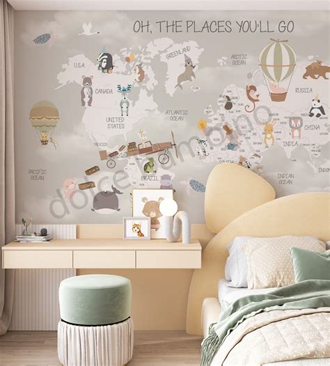 World Map Themed Wallpaper for Kids - Nordic Fun World Map (Beige ...