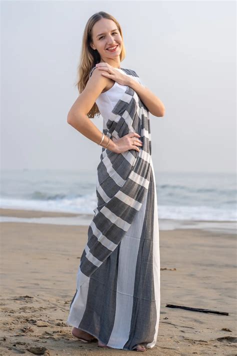 Celestial Sparkle Stripe Saree | Handcrafted Bamboo Cotton Saree | I ...