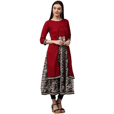 Maroon & white printed 3/4th sleeve cotton double layer kurta – Nayo ...