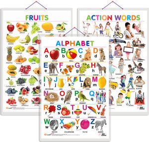 GO WOO Pack of 3 Alphabet, Fruits and Action Words Educational charts ...
