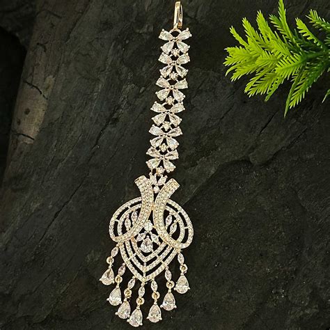 Trendy Rose Gold Plated Flower Maang Tikka | American Diamond Party ...