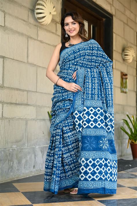 Indigo kamal booti block print pure cotton saree – Jaipur Tex
