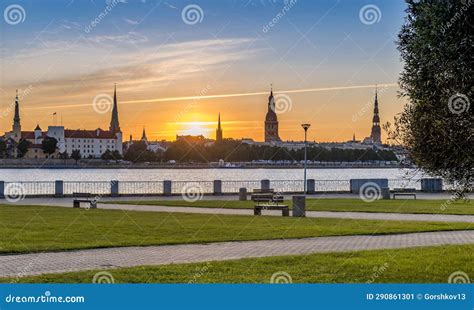 Colorful Sunrise and Waterfront View on Historical District of Riga Stock Image - Image of fence ...