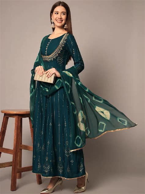Traditional Function Wear Rayon Readymade Suit, Chiffon-Teal