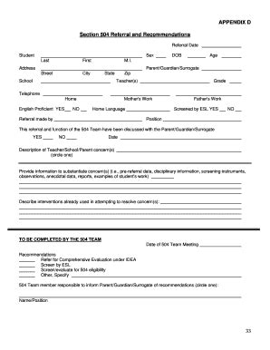 Fillable Online APPENDIX D Section 504 Referral and Recommendations Fax ...