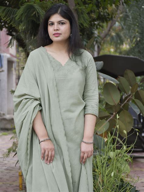 Dhary Mint Green V-neck Embroidered Kurta with Pants and Dupatta – Dharya