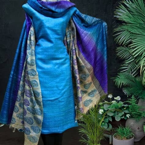 Tussar Silk Dress Material in Shaded Blue – bbaawri