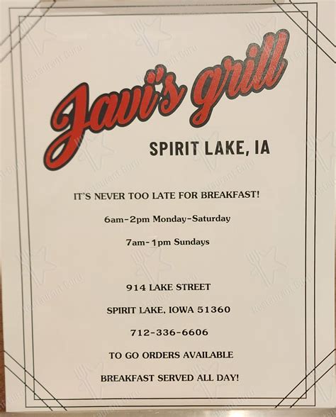 Menu at Javi's Grill restaurant, Spirit Lake