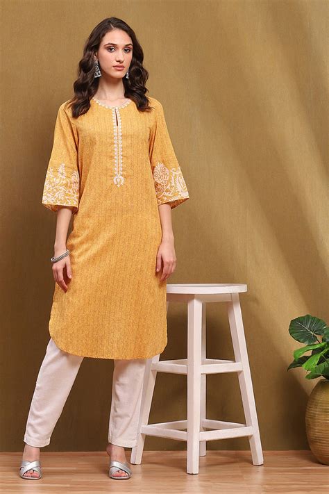 Mustard Yellow Cotton Printed Straight Kurta at Biba India