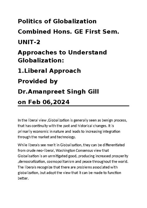 Liberal Approach to Globalization - Combined Hons. GE First Sem ...