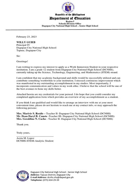 Image result for Work Immersion Acknowledgement Letter Example