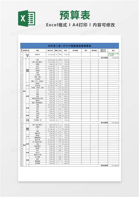 小户型家装预算表Excel模板下载_熊猫办公