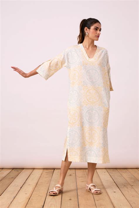 Nanatsu Signature Hand Block Printed Tunic Midi Dress In Cotton Linen ...