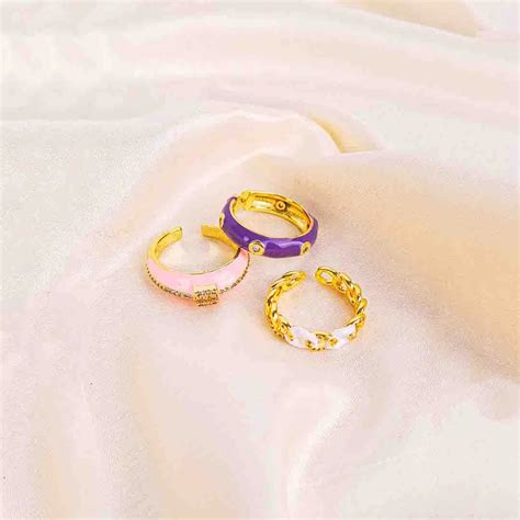 Pack of 3 Statement Sparkle Enamel Rings - 18K Gold Plated – Discov ...