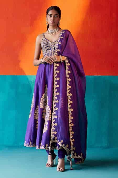 Buy Purple Organza, Silk Cut Work, Embroidery, Pearls, Scallop Hem ...