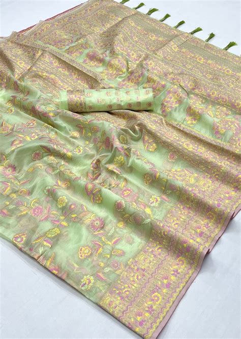 Shop Kashmiri Organza Green Embroidered Wedding Saree Online USA UAE ...