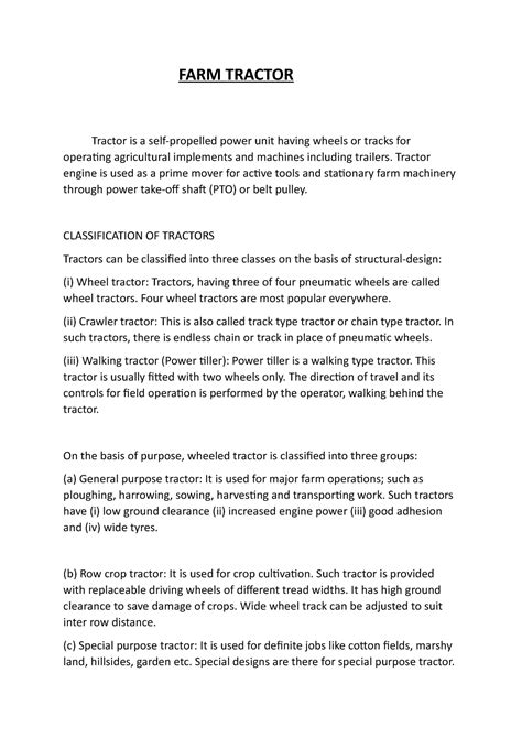 FARM Tractor - Lecture notes 8-9 - FARM TRACTOR Tractor is a self ...