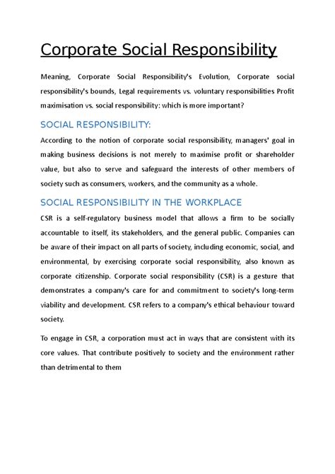 Corporate Social Responsibility - voluntary responsibilities Profit ...