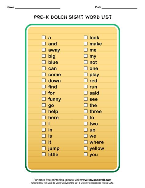 Dolch Sight Words Lists for Pre-K, Kindergarten, 1st, 2nd & 3rd Grade
