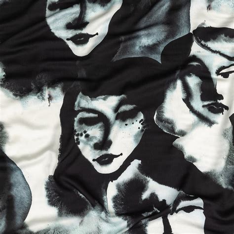 1 Yard Rayon Challis Fabric Black and White Ghostly Faces Unearthly ...