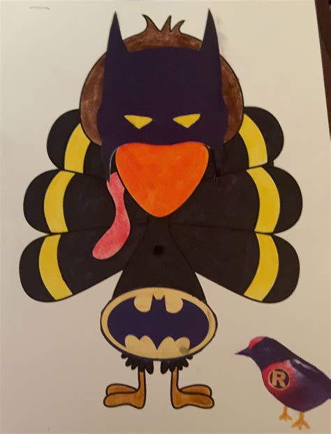 Hide the turkey. Batman turkey. Cute pre school craft. We added the ...